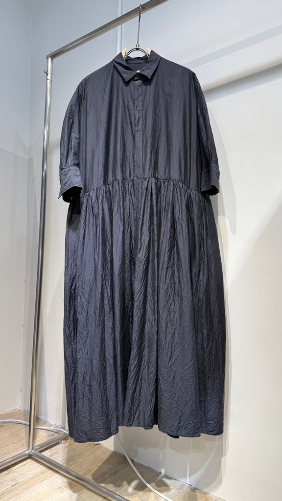 FINE COTTON*SILK FAILLE CLOTH Random Pleated Half Sleeve Shirt Dress