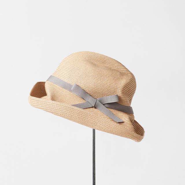 Boxed Hat 11cm brim grosgrain ribbon- Light Brown x grey