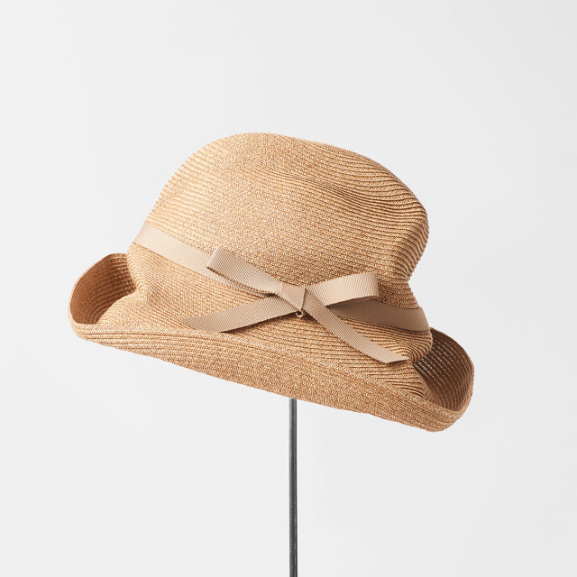 Boxed Hat 11cm brim grosgrain ribbon- Mix brown x Beige
