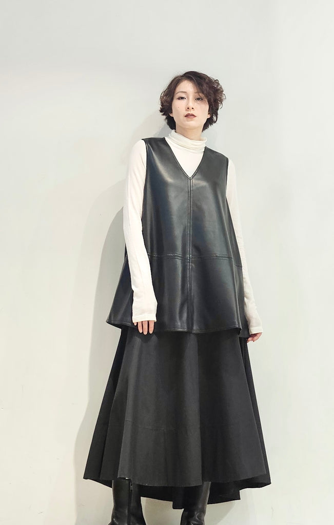 Vegan leather flare long vest