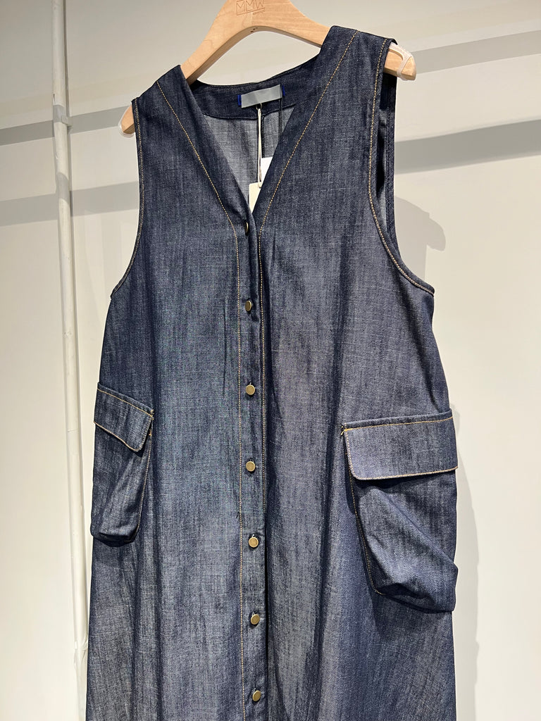 Button up non-fade denim sleeveless dress (pre-order)