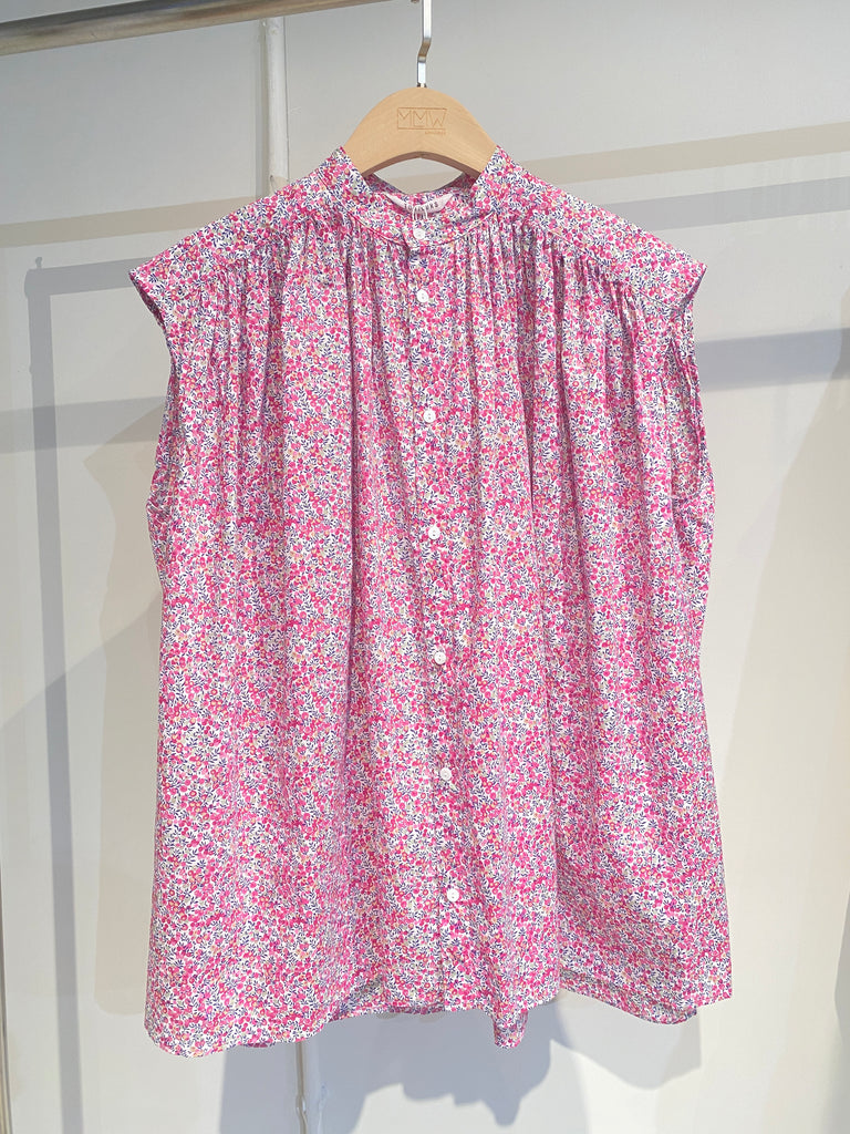 LIBERTY BERRY FLOWER PRINT COTTON CLOTH Pleated Sleeveless Long Shirt