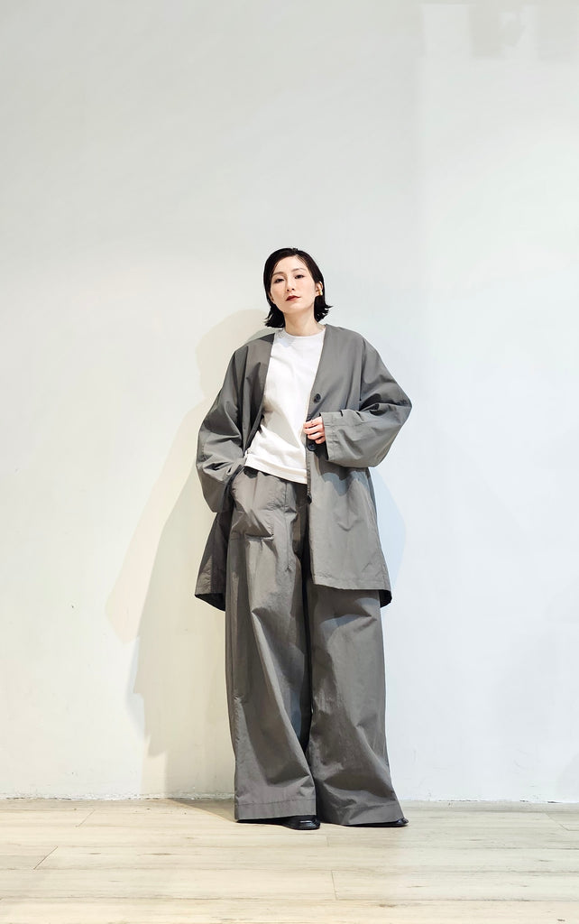 Oversized collarless nylon set blazer (Pre-order)