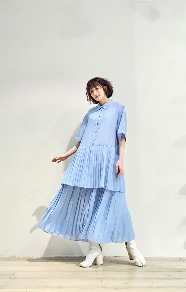 Chiffon tiered pleated dress w/ lining - 3 colours (pre-order)
