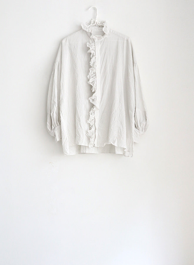 COTTON*SILK PIN PLAID CLOTH Band Colar Bishop Sleeve Ruffle Shirt