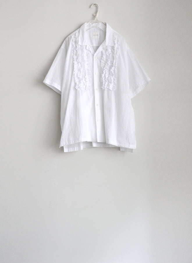 WRINKLE COTTON PAPER CLOTH Open Collar Short Sleeve Frill Shirt