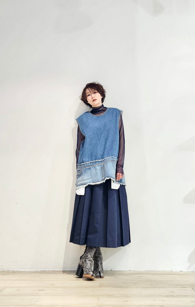 Patched denim long vest (pre-order)