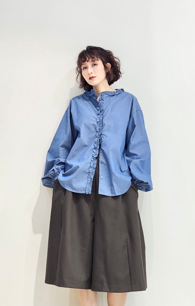Frill hem collarless nylon/denim blouse - 3 colours (pre-order)