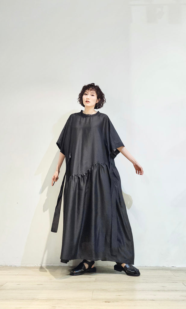 Frill collar sheer tied dress w/ lining - 2 colours
