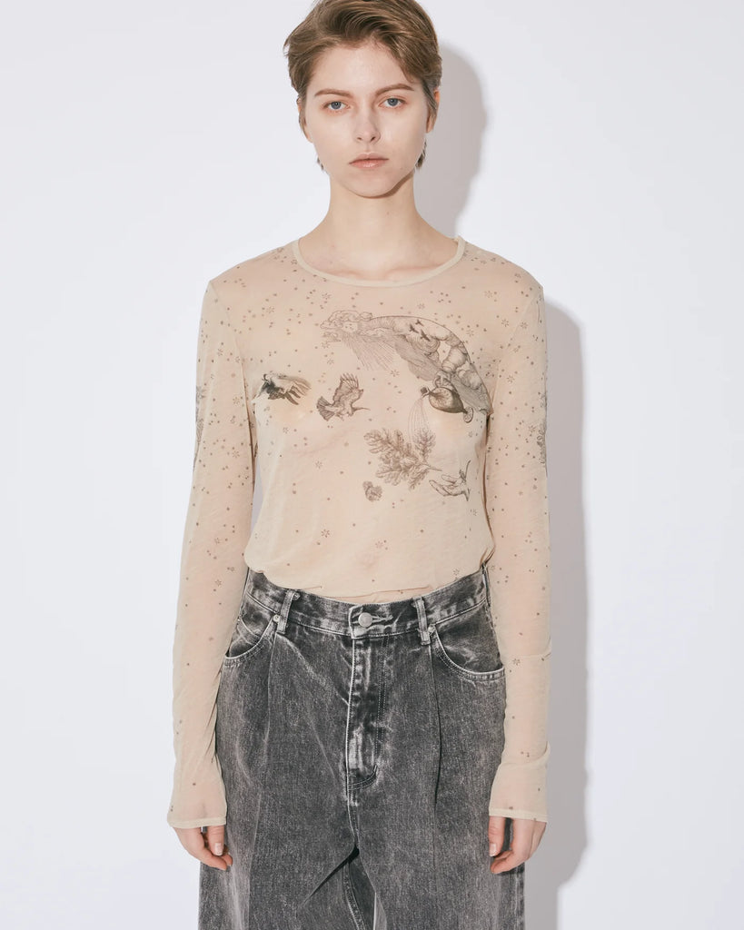 BEAUTIFUL PEOPLE- sheer R.P.S print jersey crew neck top nude beige