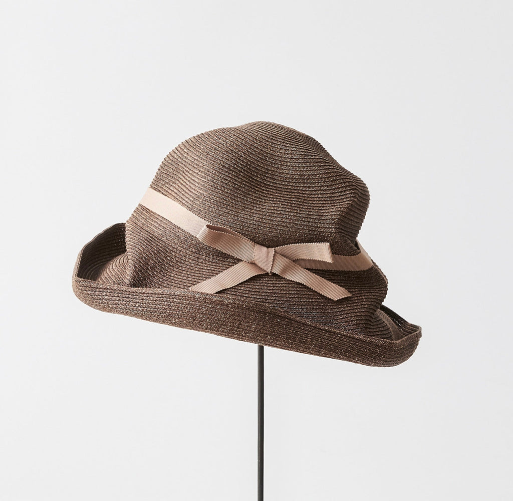 Boxed Hat 11cm brim grosgrain ribbon- Dark brown x Pink beige